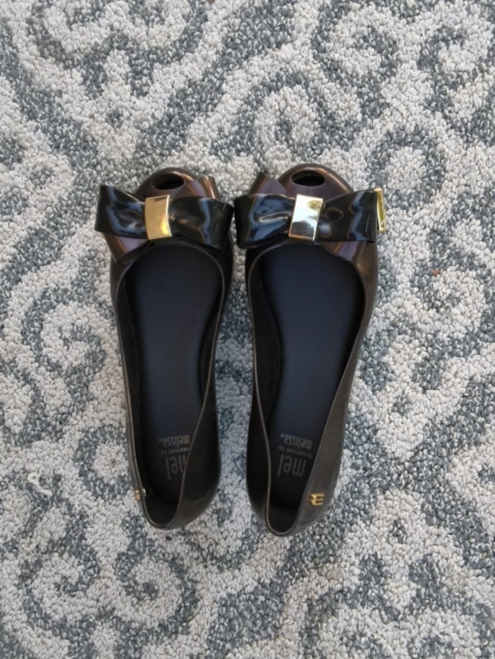Melissa Ultragirl Sweet Women’s Size 10 Black Jelly Flats Oversized Bow Gold